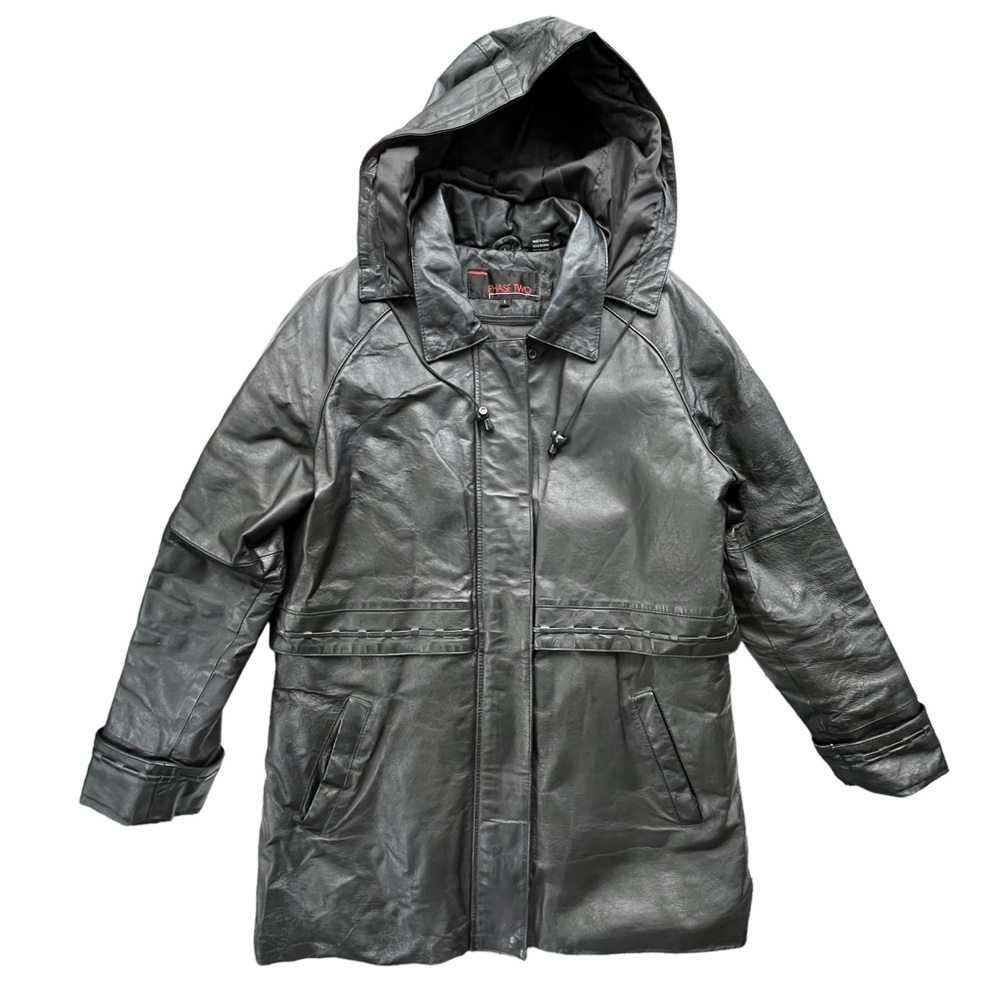 Phase Two Women’s Large Genuine Leather Removable Hood & Inner Vest Long Jacket